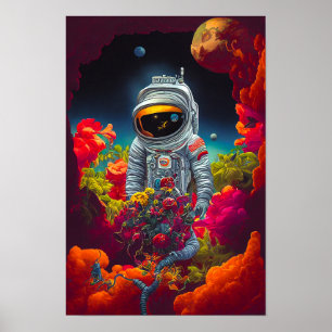 Farbenfroher Astronaut im Weltraum mit Blume Kunst Poster