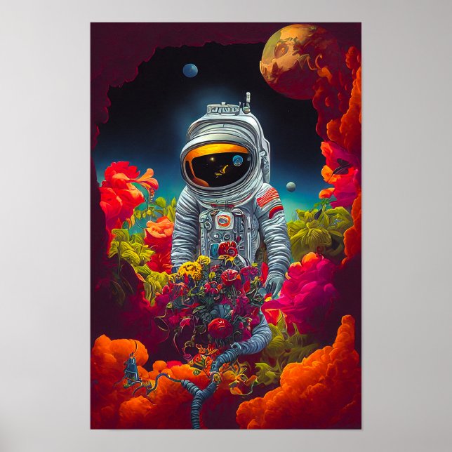 Farbenfroher Astronaut im Weltraum mit Blume Kunst Poster (Vorne)