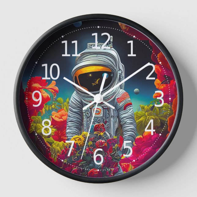 Farbenfroher Astronaut im Weltraum mit Blume Kunst Uhr (Vorderseite)