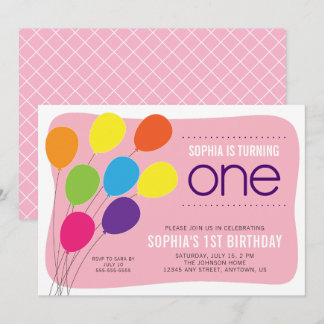 Farbenfroher Ballon auf Pink Girl's 1. Geburtstag  Einladung
