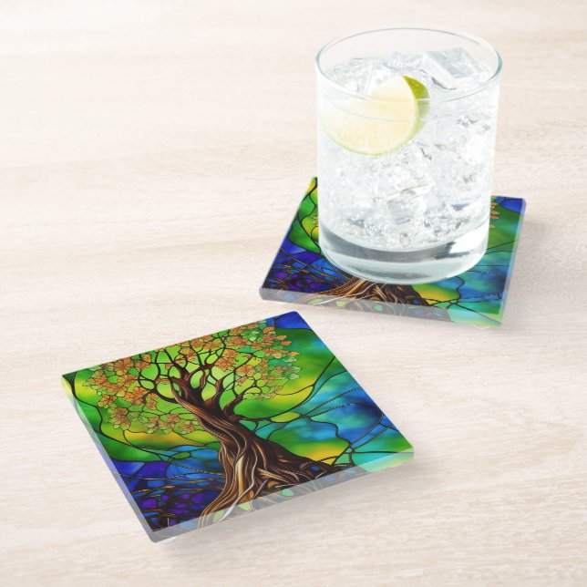Farbenfroher Baum aus festem Glas - Look II Glasuntersetzer (Schrägansicht)