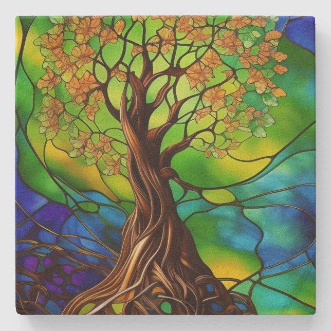 Farbenfroher Baum aus festem Glas - Look II Steinuntersetzer (Vorderseite)