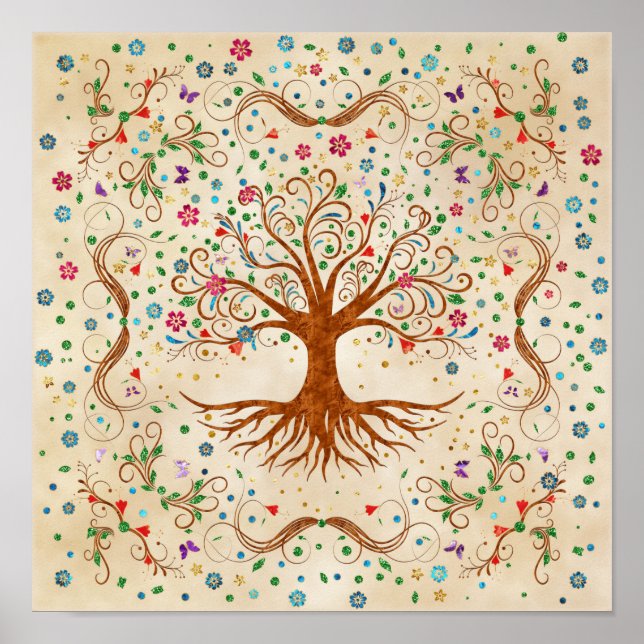 Farbenfroher Baum des Lebens - Yggdrasil Poster (Vorne)