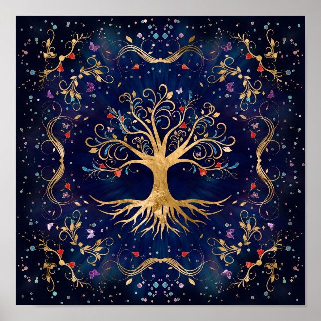 Farbenfroher Baum des Lebens - Yggdrasil Poster (Vorne)
