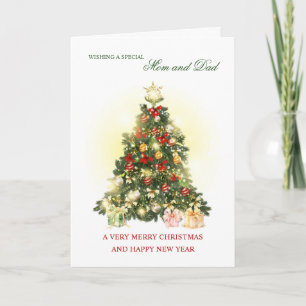 Farbenfroher Baum mit Geschenken Mama und Vater We Feiertagskarte