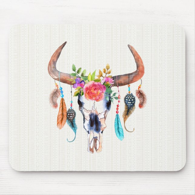 Farbenfroher Bison Skull mit Horn Mousepad (Vorne)