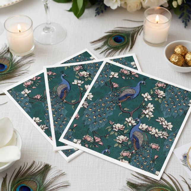 Farbenfroher Blaupfau und Magnolien Aquamarin Serviette (Elegant Teal Green Peacock Napkins. Colorful Blue Peacocks with Teal Feather Chinoiserie Pattern)