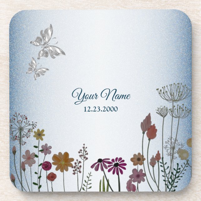 Farbenfroher Blumen Garten Blau Glitter Hochzeitsf Getränkeuntersetzer (Vorderseite)
