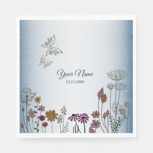 Farbenfroher Blumen Garten Blau Glitter Hochzeitsf Serviette (Vorderseite)