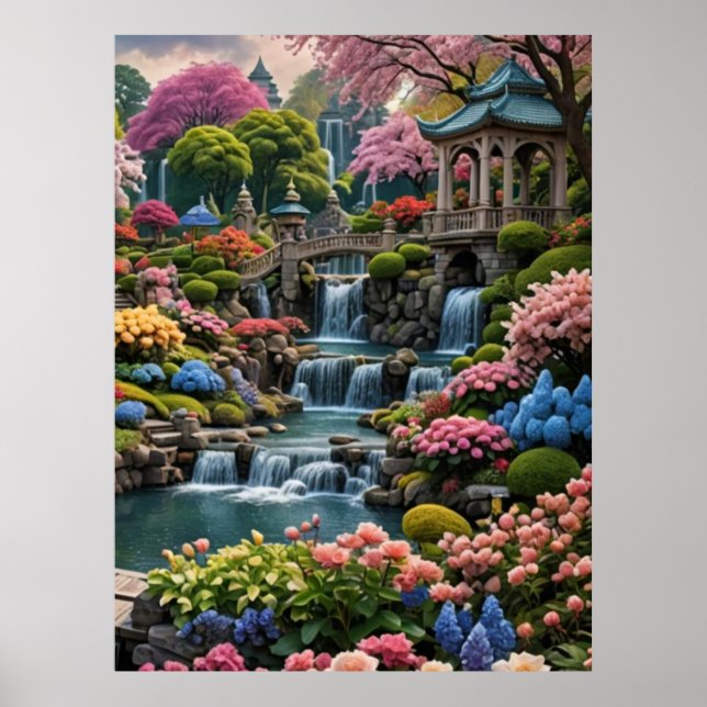Farbenfroher Blumengarten mit Wasserfällen Poster (Vorne)