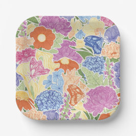 Farbenfroher Blumengarten und Schmetterlinge Pappteller