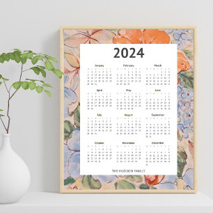 Farbenfroher Blumenillustrationskalender 2024 Poster