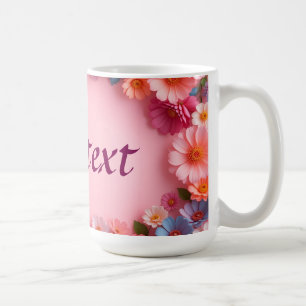 Farbenfroher Blumenrahmen auf hellrosa Hintergrund Kaffeetasse