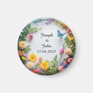 Farbenfroher Blumenrahmen mit blauem Schmetterling Magnet