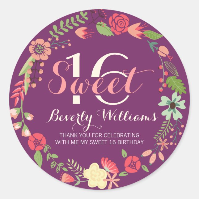 Farbenfroher Blumenstrauß auf Lila Süß 16 Runder Aufkleber (Vorderseite)