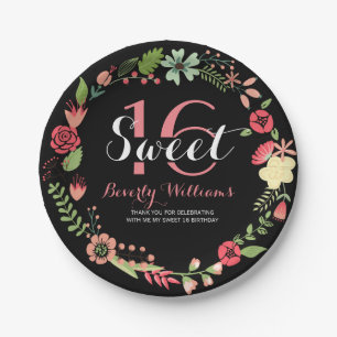 Farbenfroher Blumenstrauß auf Schwarz Süß 16 Pappteller