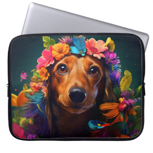 Farbenfroher brauner Hund mit Blumenkranz Laptopschutzhülle