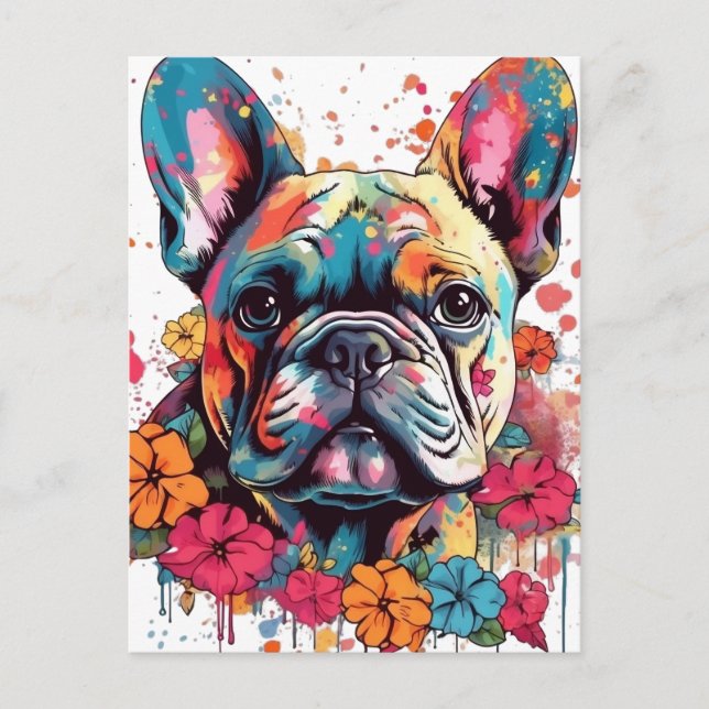 Farbenfroher Bulldogge mit Blume Postkarte (Vorderseite)