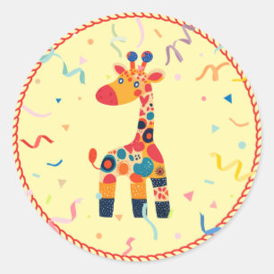 Farbenfroher Cartoon Giraffe mit Confetti Runder Aufkleber