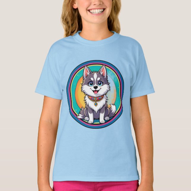 Farbenfroher Cartoon Happy Dog T-Shirt (Vorderseite)