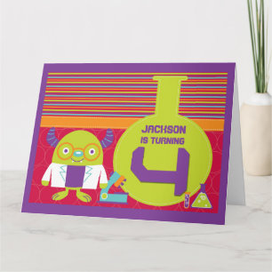 Farbenfroher Cartoon Mad Scientist 4. Geburtstag Karte