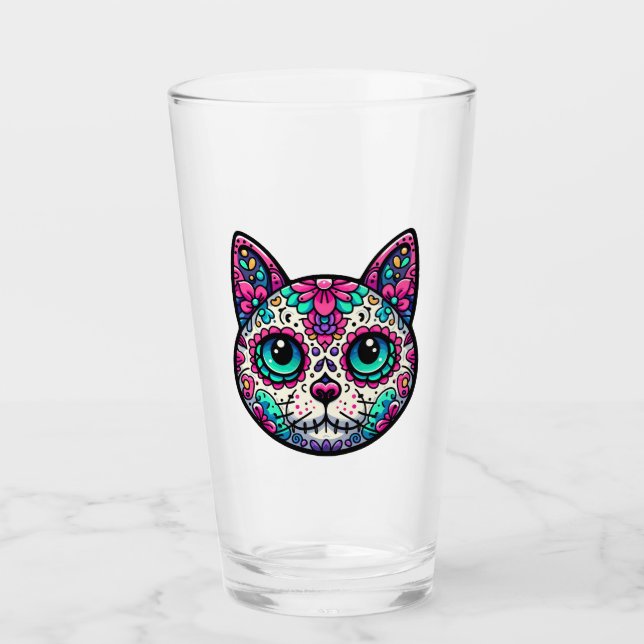Farbenfroher Cat Sugar Skull Glas (Vorderseite)