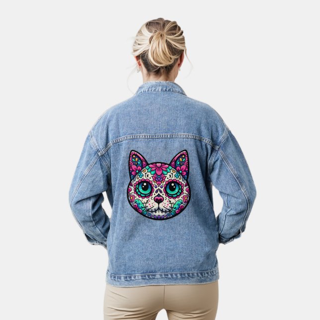 Farbenfroher Cat Sugar Skull Jeansjacke (Modell)