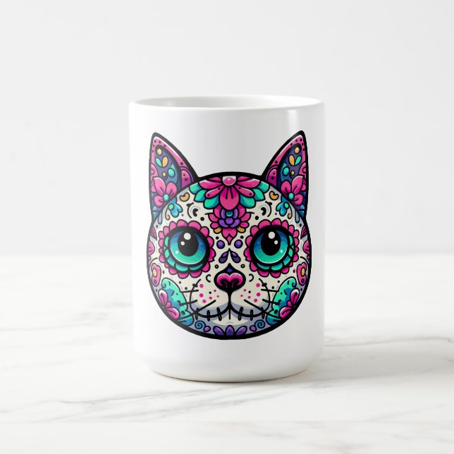 Farbenfroher Cat Sugar Skull Kaffeetasse (Mittel)