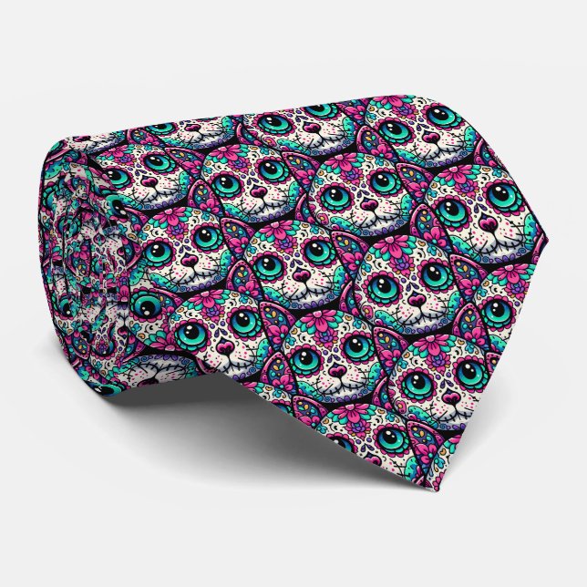 Farbenfroher Cat Sugar Skull Krawatte (Gerollt)