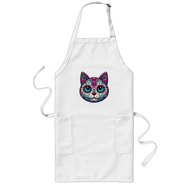 Farbenfroher Cat Sugar Skull Lange Schürze (Vorne)