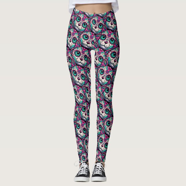 Farbenfroher Cat Sugar Skull Leggings (Vorderseite)