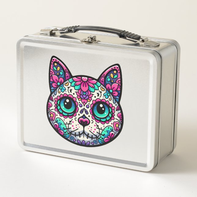 Farbenfroher Cat Sugar Skull Metall Brotdose (Vorderseite)