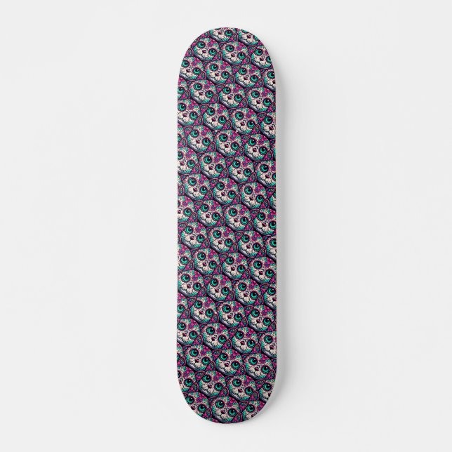 Farbenfroher Cat Sugar Skull Skateboard (Vorne)