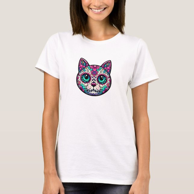 Farbenfroher Cat Sugar Skull T-Shirt (Vorderseite)