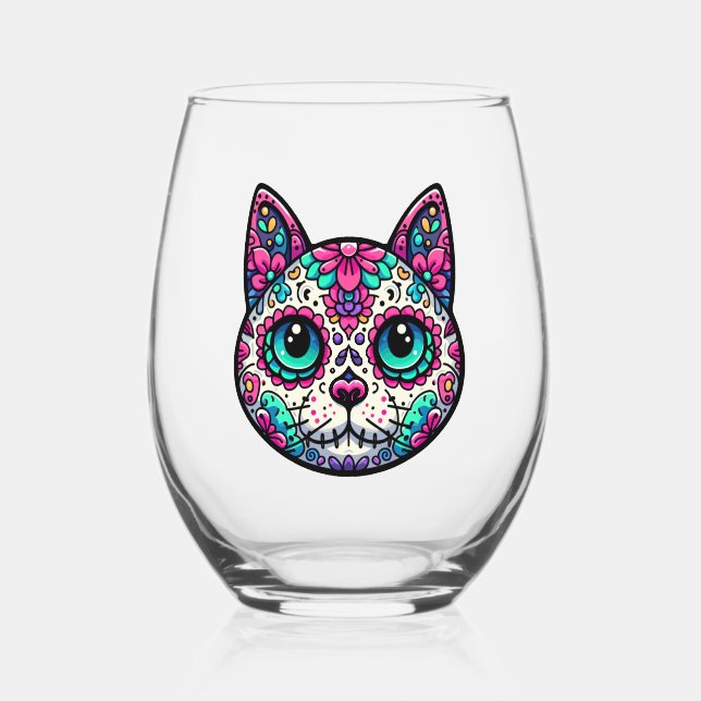 Farbenfroher Cat Sugar Skull Weinglas Ohne Stiel (Vorderseite)