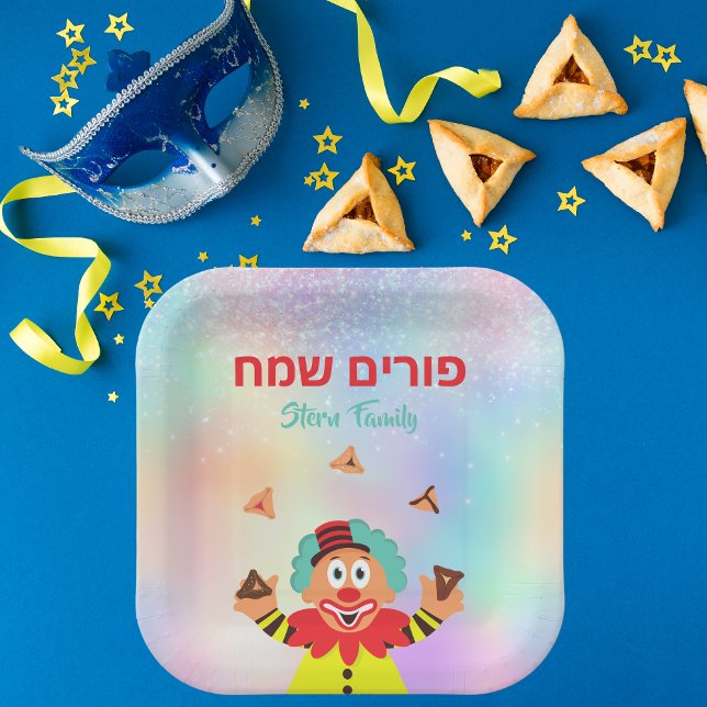 Farbenfroher Clown Hamantash Happy Purim Pappteller (Von Creator hochgeladen)