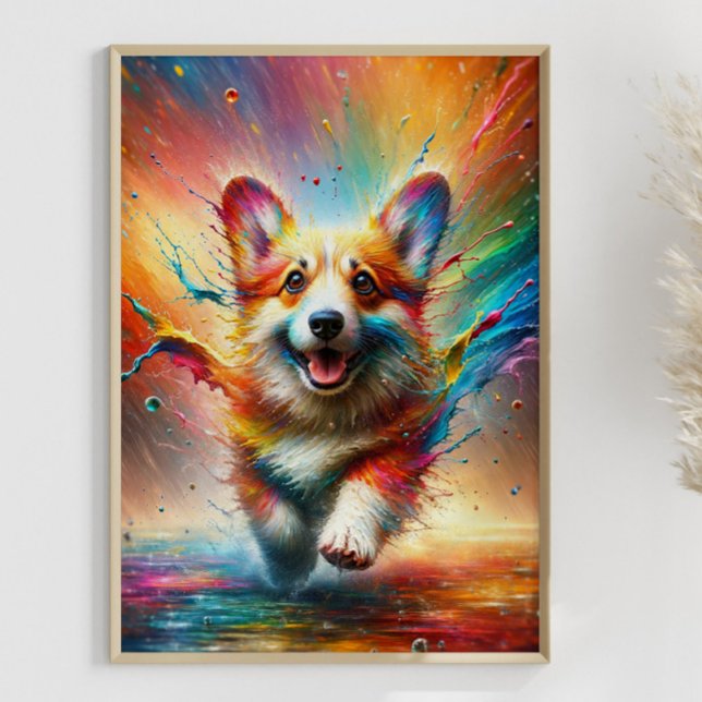 Farbenfroher Corgi Rainbow Spritzer Personalizable Poster (Framed example)