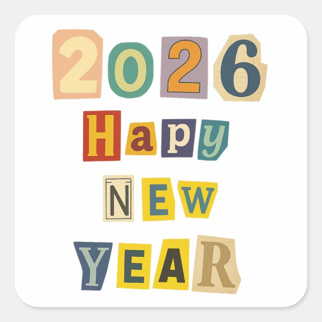 Farbenfroher Cutout "Happy New Year 2026" Collage Quadratischer Aufkleber (Vorderseite)