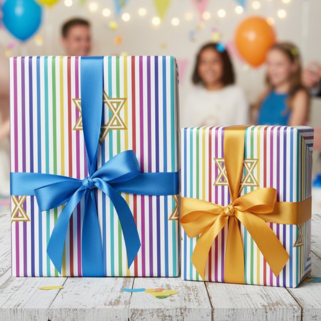Farbenfroher Davidstern Regenbogen Dünne Streifen Geschenkpapier (Chic Bright Jewish Multicolored Rainbow Star of David Wrapping Paper for Kids Bat Mitzvah Mazel Tov)