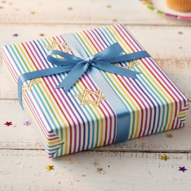 Farbenfroher Davidstern Regenbogen Dünne Streifen Geschenkpapier (Fun Elegant Jewish Star of David Rainbow Stripes Wrapping Paper for Birthday, Hanukkah & Bat Mitzvah)