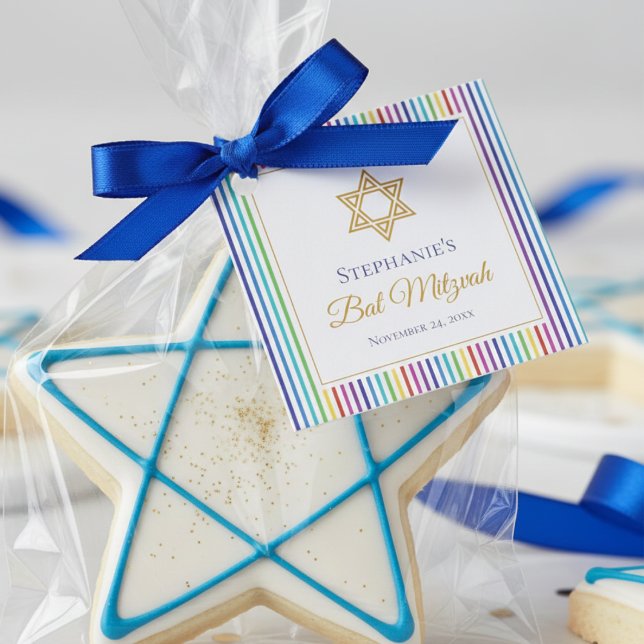 Farbenfroher Davidstern Regenbogenstreifen Geschenkanhänger (Elegant & Stylish Star of David Colorful Rainbow Stripes Bat Mitzvah Favor Tags for Jewish Religious)