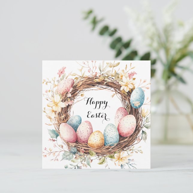 Farbenfroher dekorativer Kranz Ostereier mit Flo Einladung (Stehend Vorderseite)