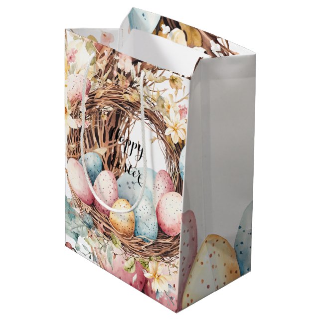 Farbenfroher dekorativer Kranz Ostereier mit Flo Mittlere Geschenktüte (Rückseite Schrägansicht)