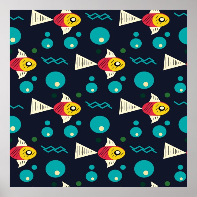 Farbenfroher Fisch mit Wellen im Meer. Geometrie Poster (Vorne)