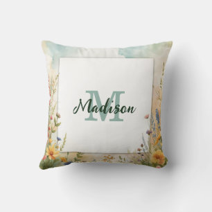 Farbenfroher Frühjahrsblumen-Wildblumen-Monogramm- Kissen
