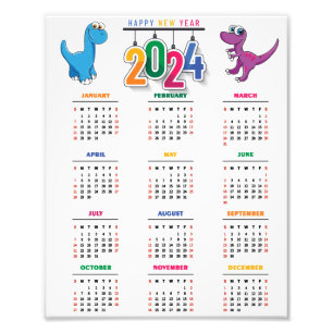 Farbenfroher Funny Dinosaur 2024 Kalender Fotodruck