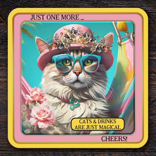 Farbenfroher Funny Magic Cat Untersetzer (Funny coaster featuring a colorful image of a kitty in a happy hippie mood. )