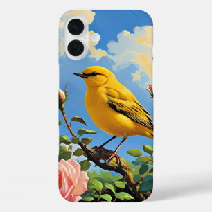 Farbenfroher gelber Vogel und hübsche rosa Rosen iPhone 16 Plus Hülle