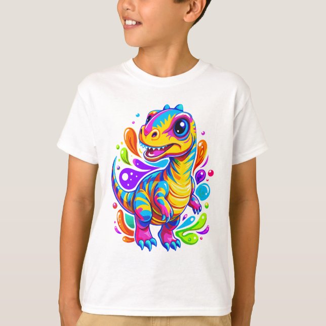 Farbenfroher gestreifter Dino-Spaß T-Shirt (Vorderseite)