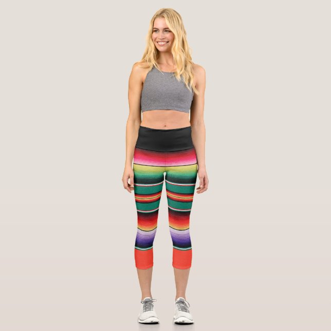 Farbenfroher gestreifter mexikanischer Deckendruck Capri Leggings (Vorderseite)